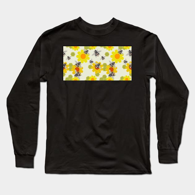 A glorious swarm of busy on bright yellow, retro flowers. Long Sleeve T-Shirt by krisevansart